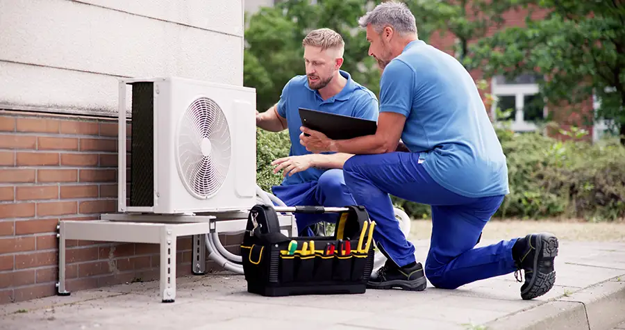 Two men kneeling near an air conditioner