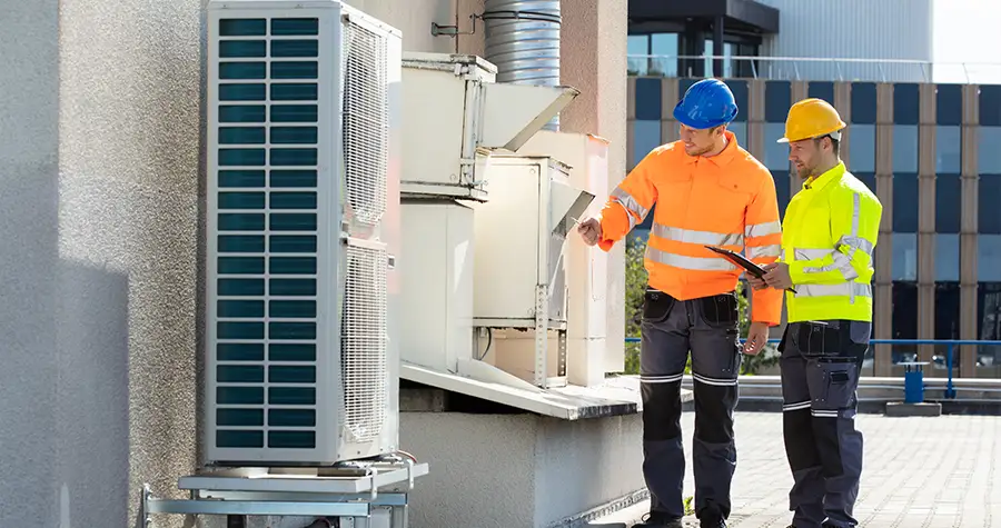 two men checking an air conditioner for compliance